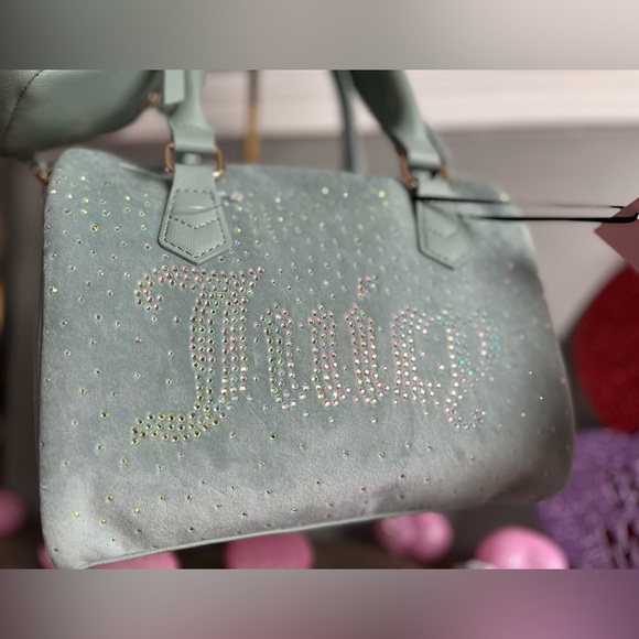 Juicy Couture Let It Shine Satchel Crossbody Cool Blue Rhinestone Logo NWT - Picture 2 of 6